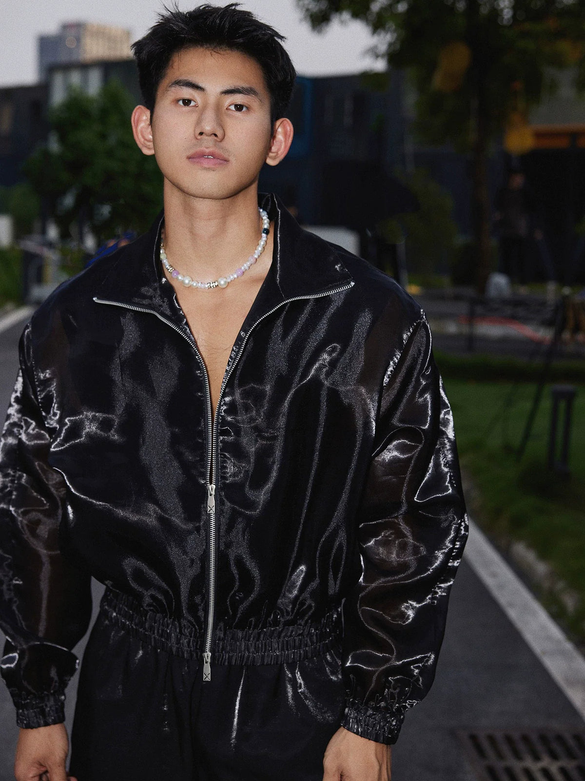 Black Glossy Zip Up Jacket and Short