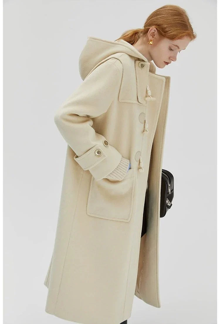 Winter Thicken College Style Hooded Mid-Length Melton Wool Coat