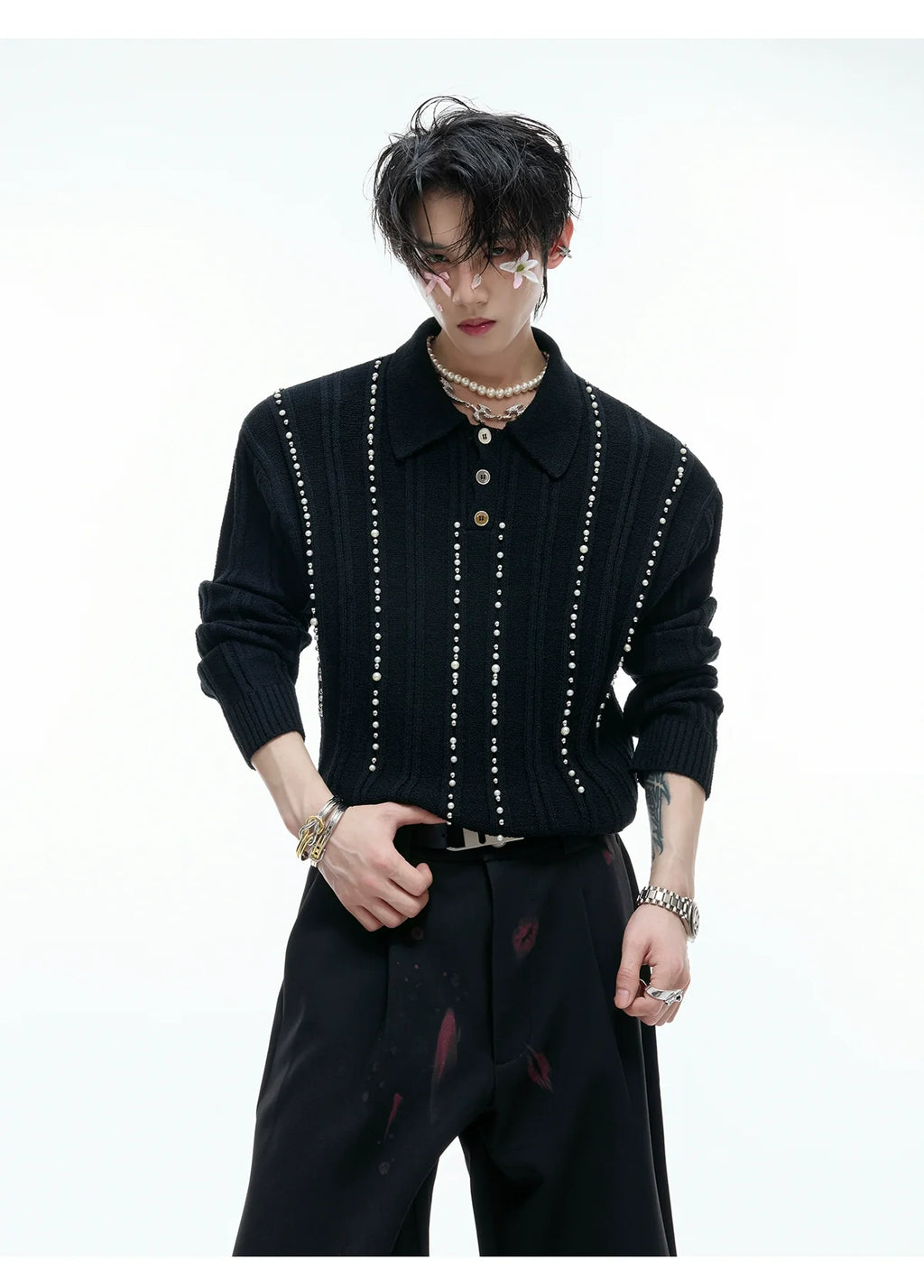 Beaded Knit Polo Sweater