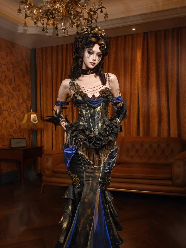Blue Velvet Victorian Bustle Maxi Skirt