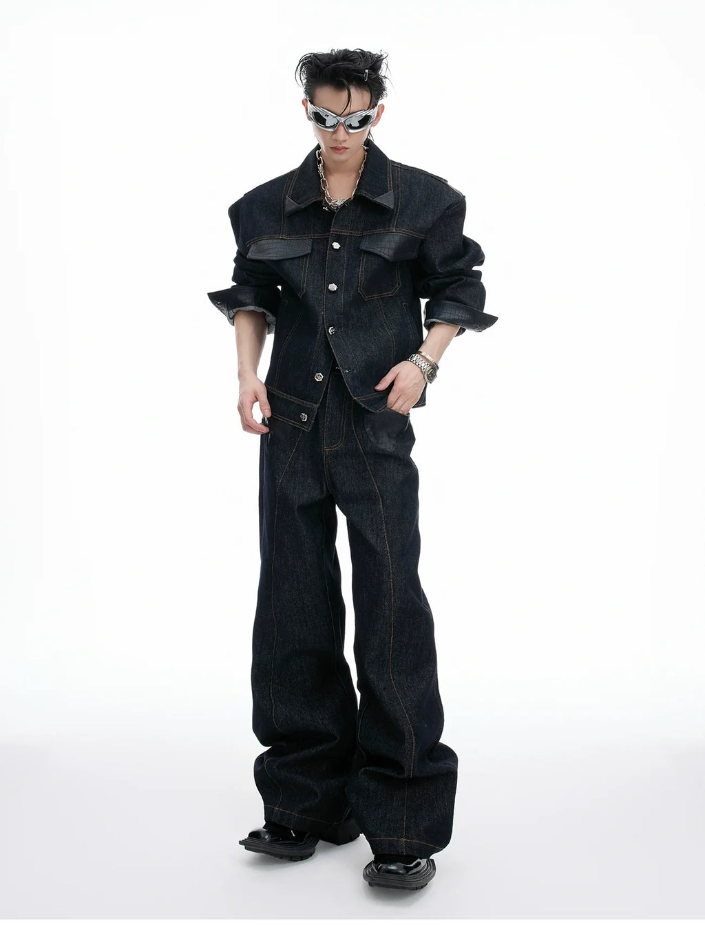 Oversized Dark Denim Jacket and Wide-Leg Jeans Setup