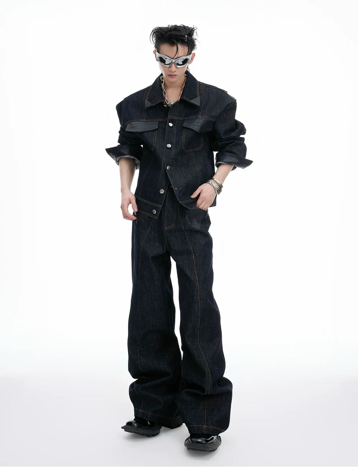 Oversized Dark Denim Jacket and Wide-Leg Jeans Setup