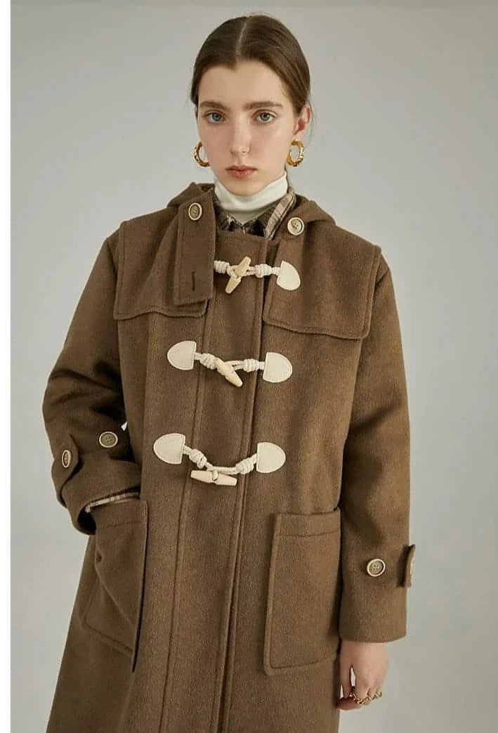 Winter Thicken College Style Hooded Mid-Length Melton Wool Coat