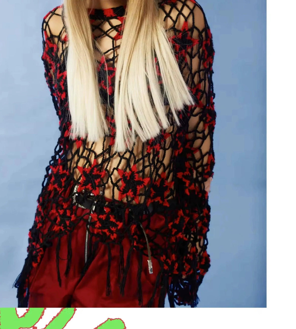 Red And Black Floral Crochet Sweater