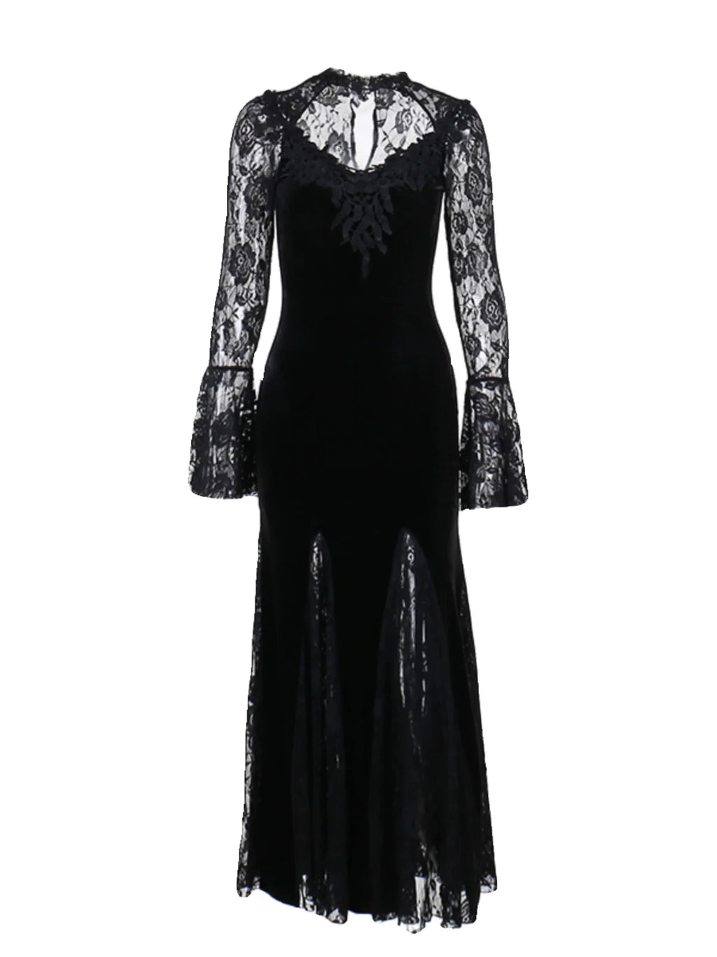 Gothic Velvet Mermaid Gown-Long Sleeve Lace Floor-Length Dress With High Collar