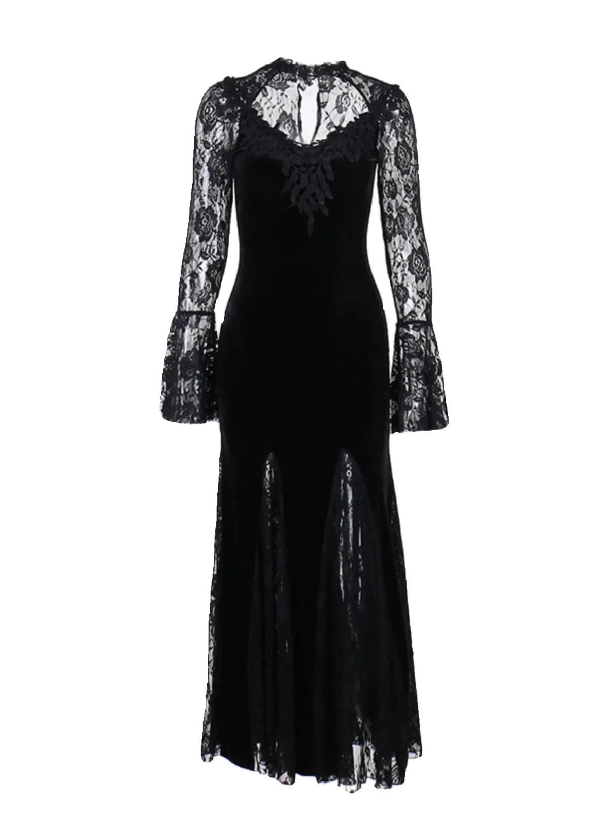 Gothic Velvet Mermaid Gown-Long Sleeve Lace Floor-Length Dress With High Collar