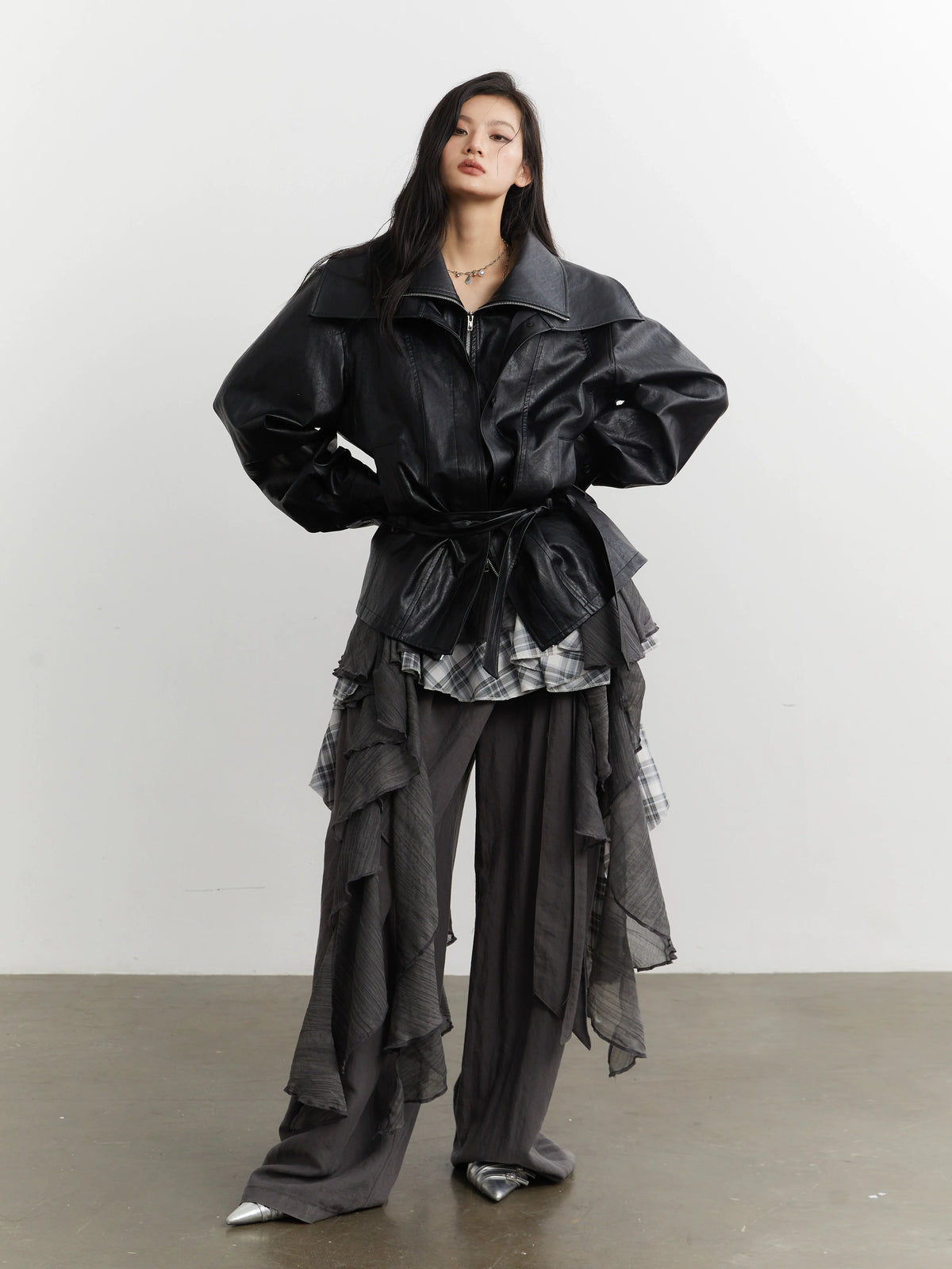 Noir Plaid Ruffle Cascade Dress