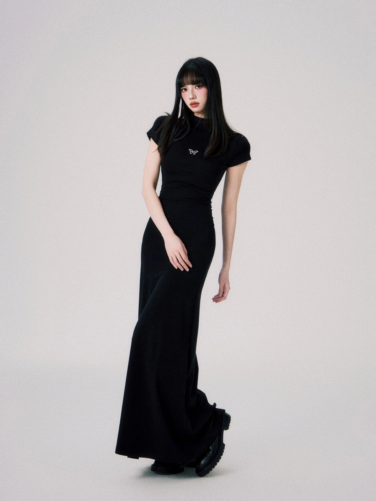 Butterfly Emblem Fitted Maxi Dress - Women'S Elegant Evening Gown