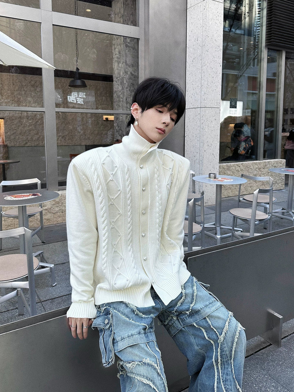 Lattice Snap-Spire Turtleneck Cardigan