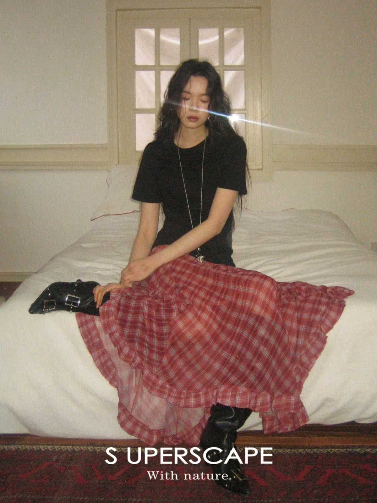 Plaid Chiffon Asymmetric Hem Skirt