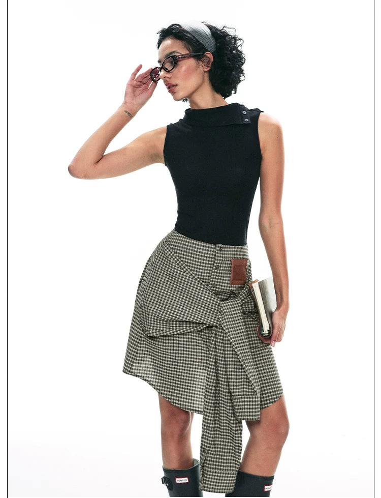 Gingham Check Button-Down Skirt