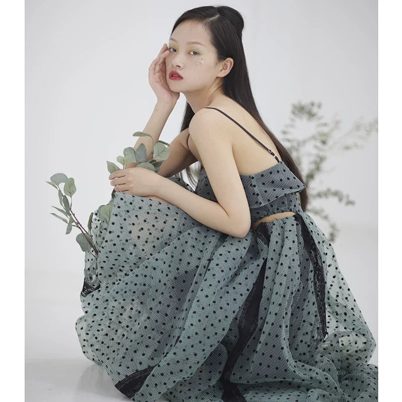 Sage Polka Dot Strapless Midi Dress