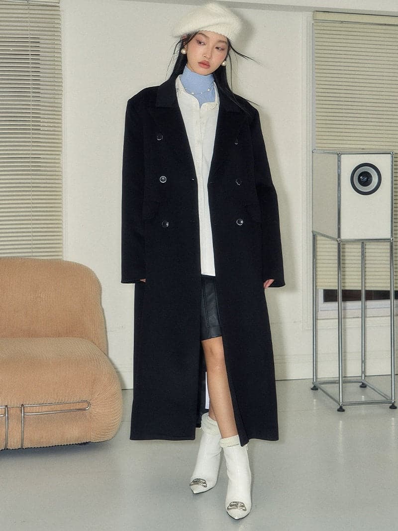 Double-Breasted Wool Long Coat - Slim Waist Tailored Winter Outerwear