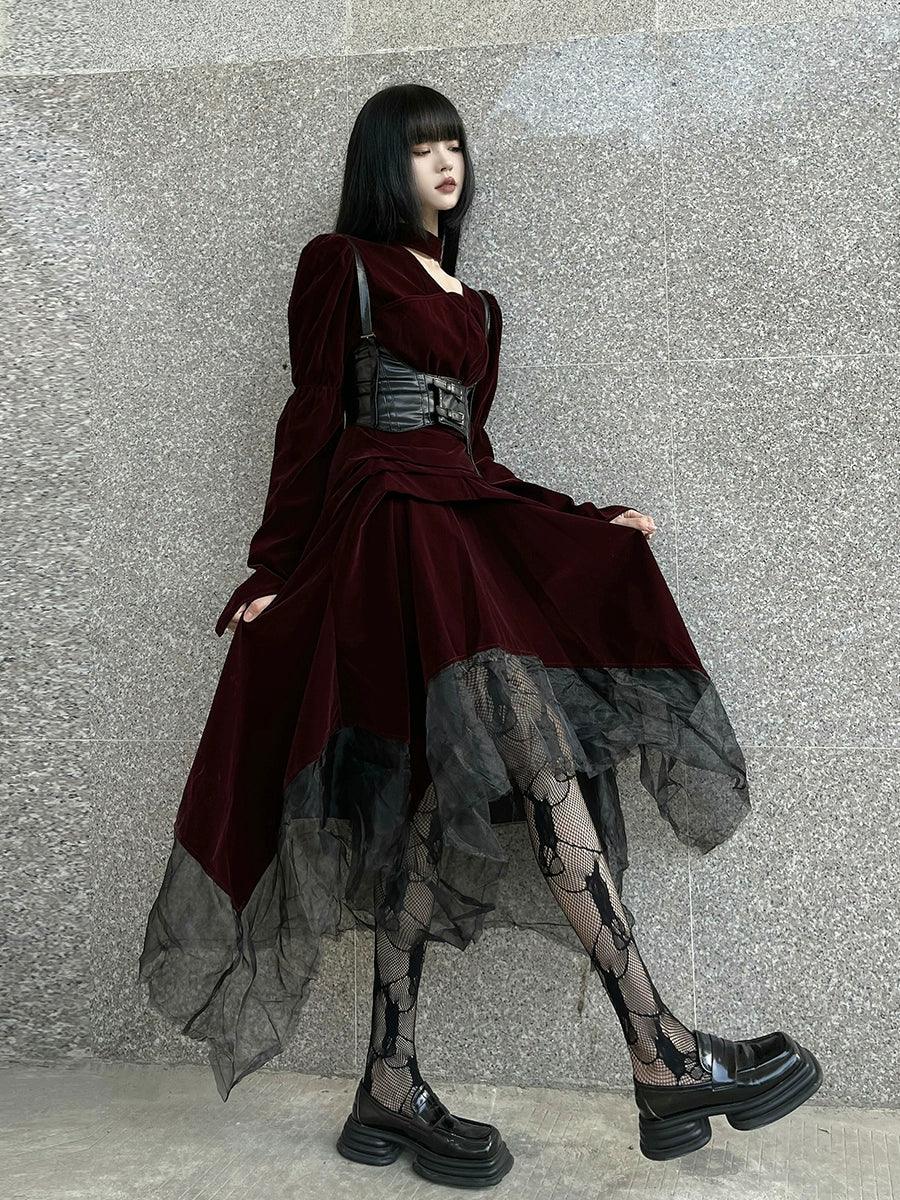 Burgundy Velvet Gothic Maxi Dress