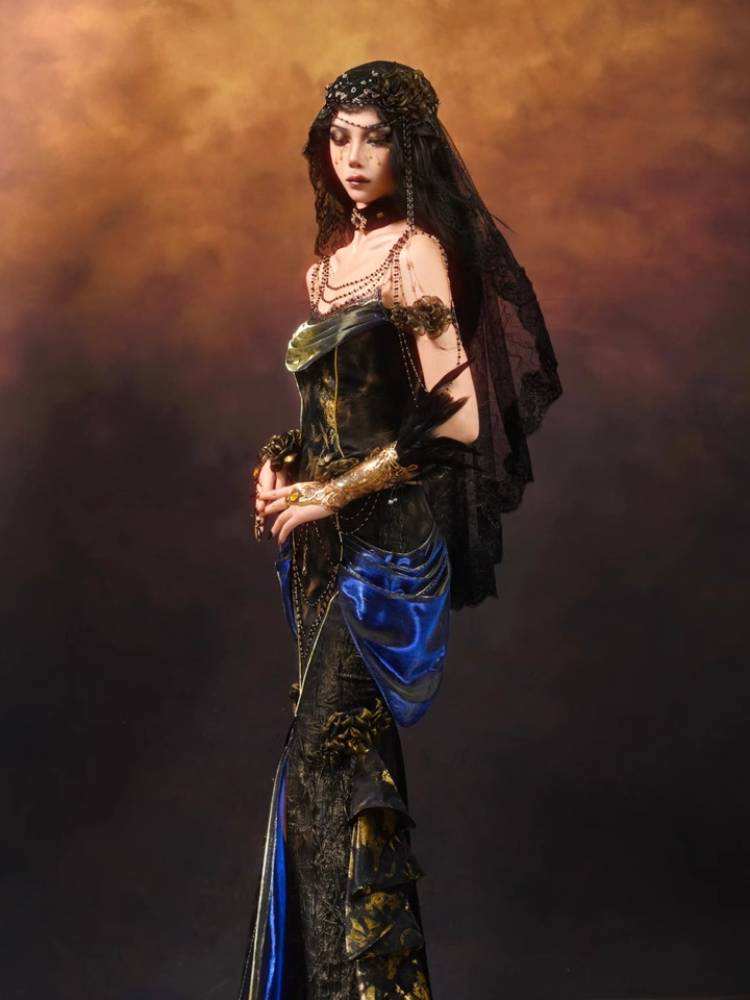 Blue Velvet Victorian Bustle Maxi Skirt