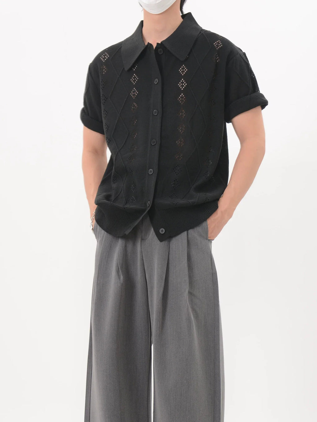 Lattice Knit Polo Cardigan