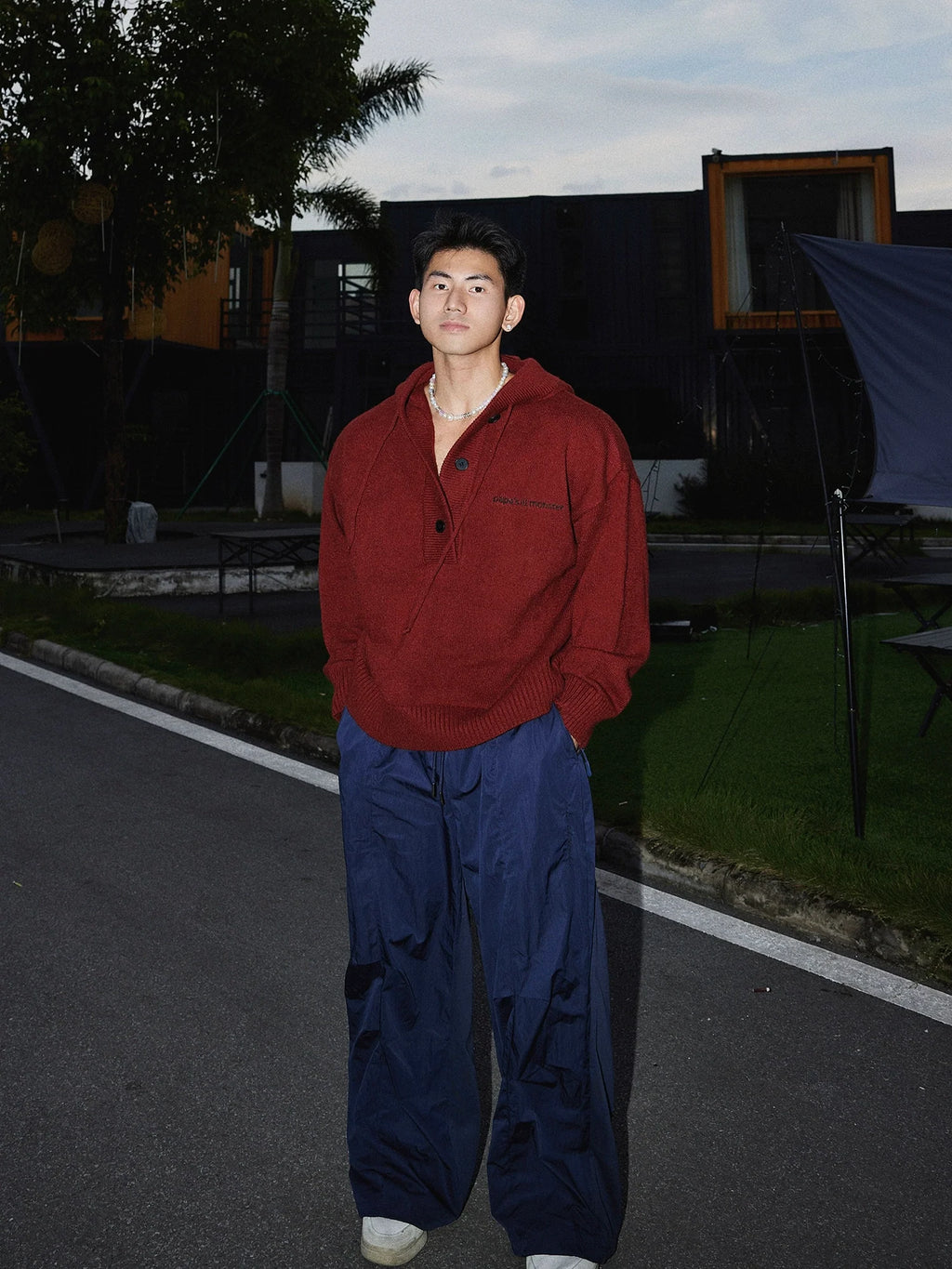 Blue Knit Hooded Henley Sweater