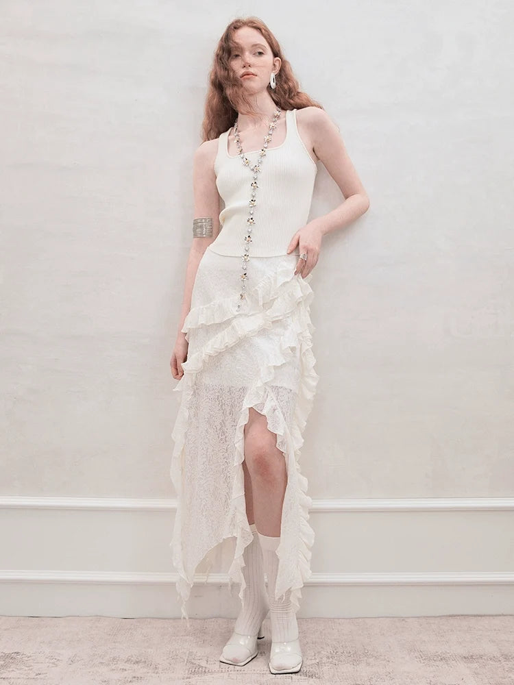 Ruffled Layer Asymmetrical Midi Skirt