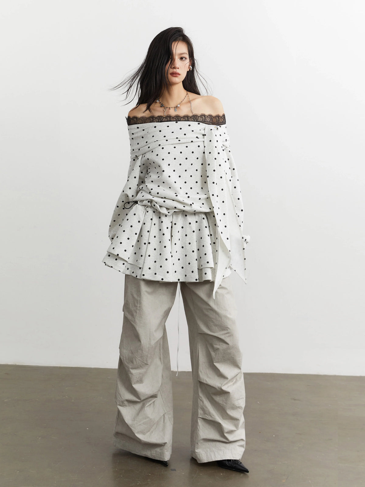 Polka Lace Off-Shoulder Peplum Top and Skirt Setup