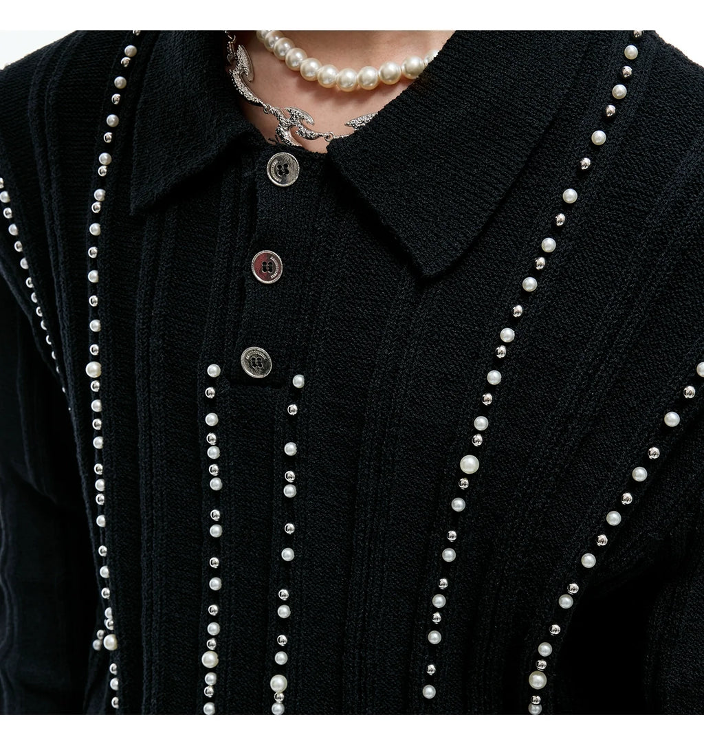 Beaded Knit Polo Sweater