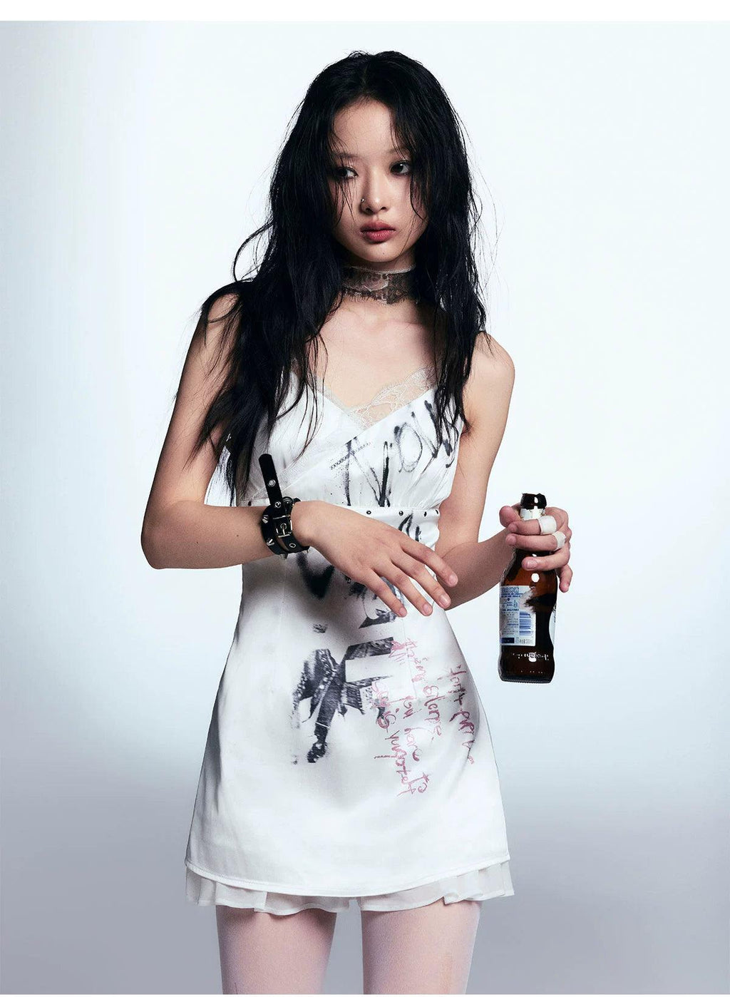 White Distressed Graphic Tank Dress - Women'S Sleeveless Mini Bodycon With Grunge Print