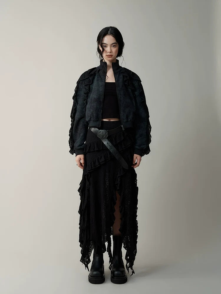 Ruffled Layer Asymmetrical Midi Skirt