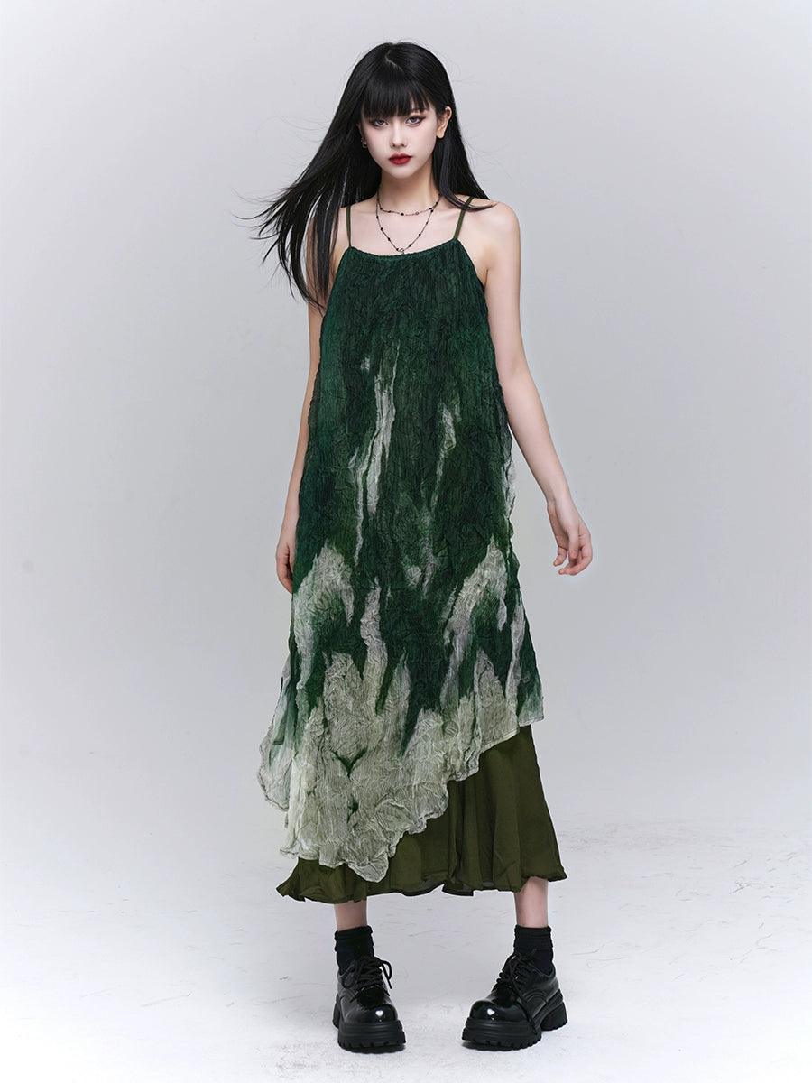 Forest Sprite Layered Maxi Dress - Women'S Green Ombre Tie-Dye Slip Dress With Asymmetrical Hem