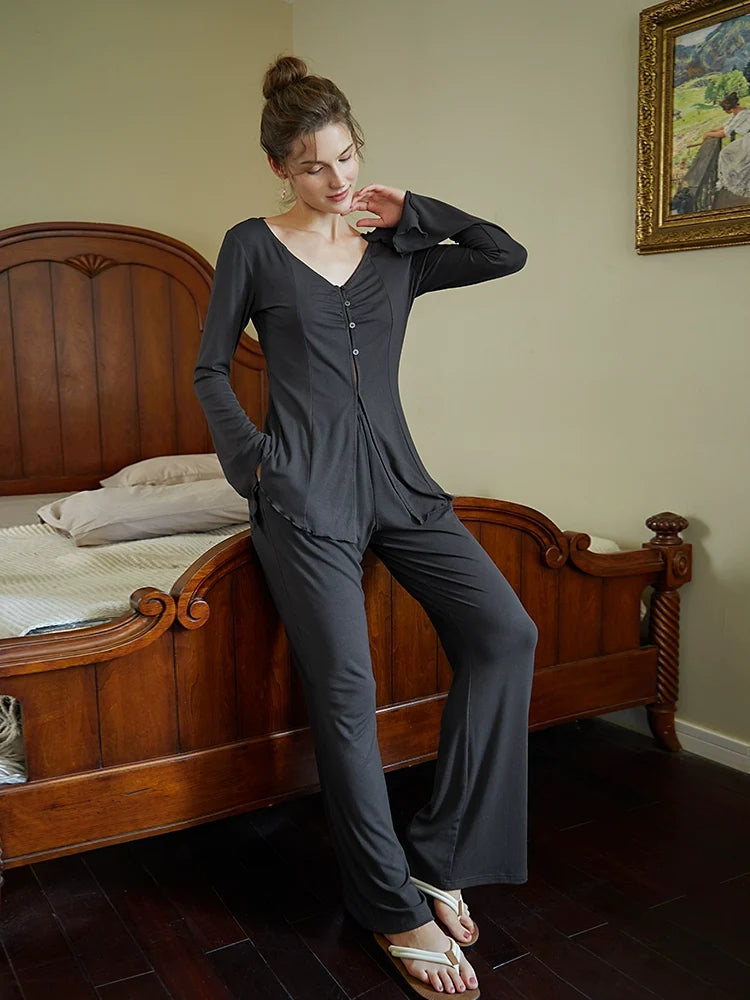 Charcoal Grey Button-Up Long Sleeve Wide Leg Jumpsuit
