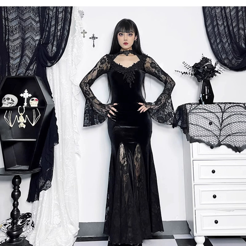 Gothic Velvet Mermaid Gown-Long Sleeve Lace Floor-Length Dress With High Collar