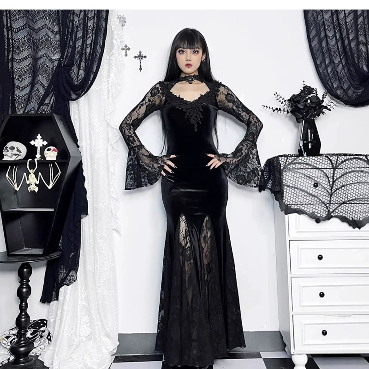 Gothic Velvet Mermaid Gown-Long Sleeve Lace Floor-Length Dress With High Collar