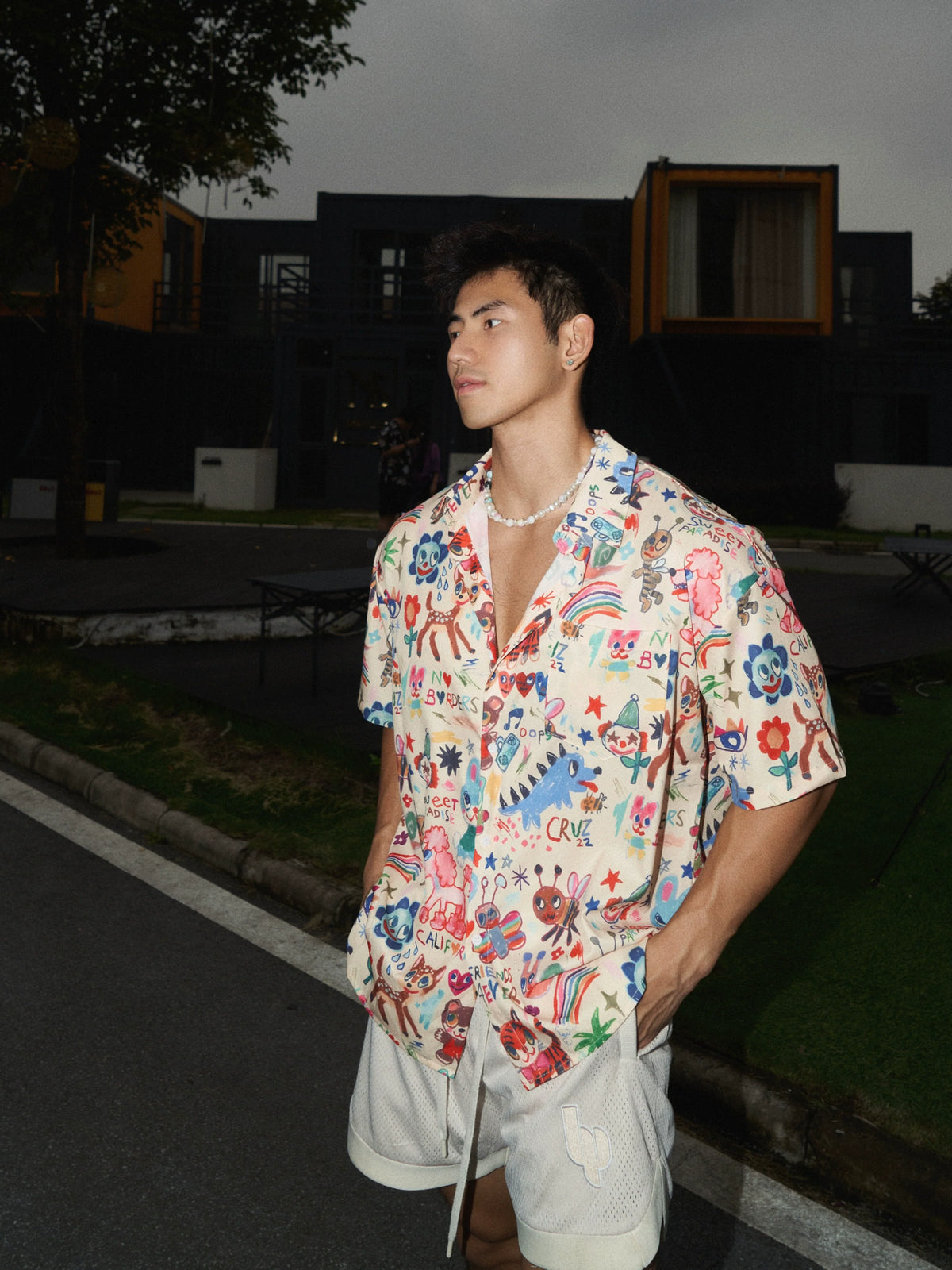 Cartoon Print Short-Sleeve Button-Up Shirt