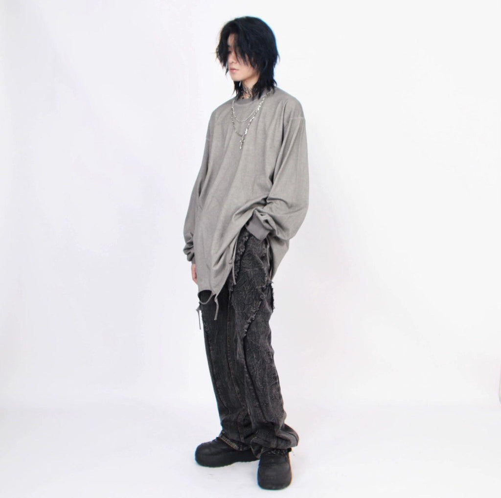 Men's Distressed Long-Sleeve Tee with Cross Necklace