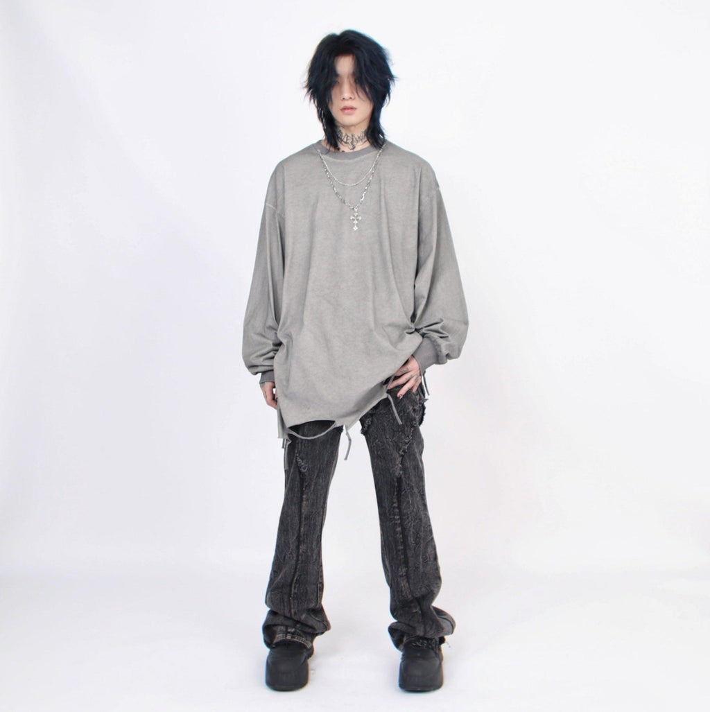 Men's Distressed Long-Sleeve Tee with Cross Necklace