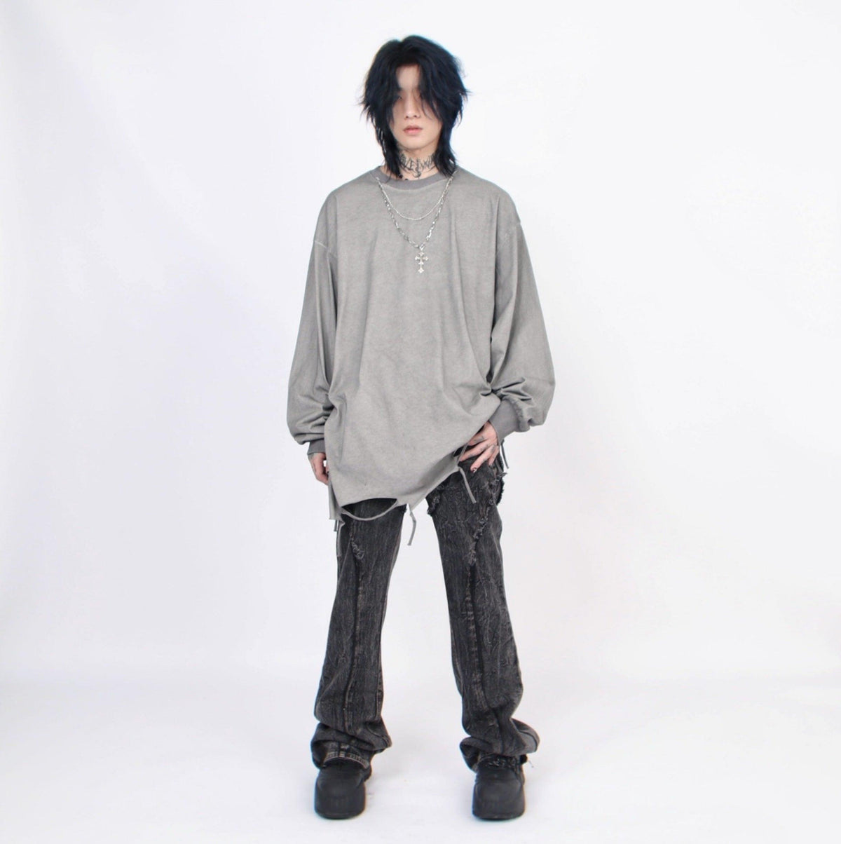 Men's Distressed Long-Sleeve Tee with Cross Necklace