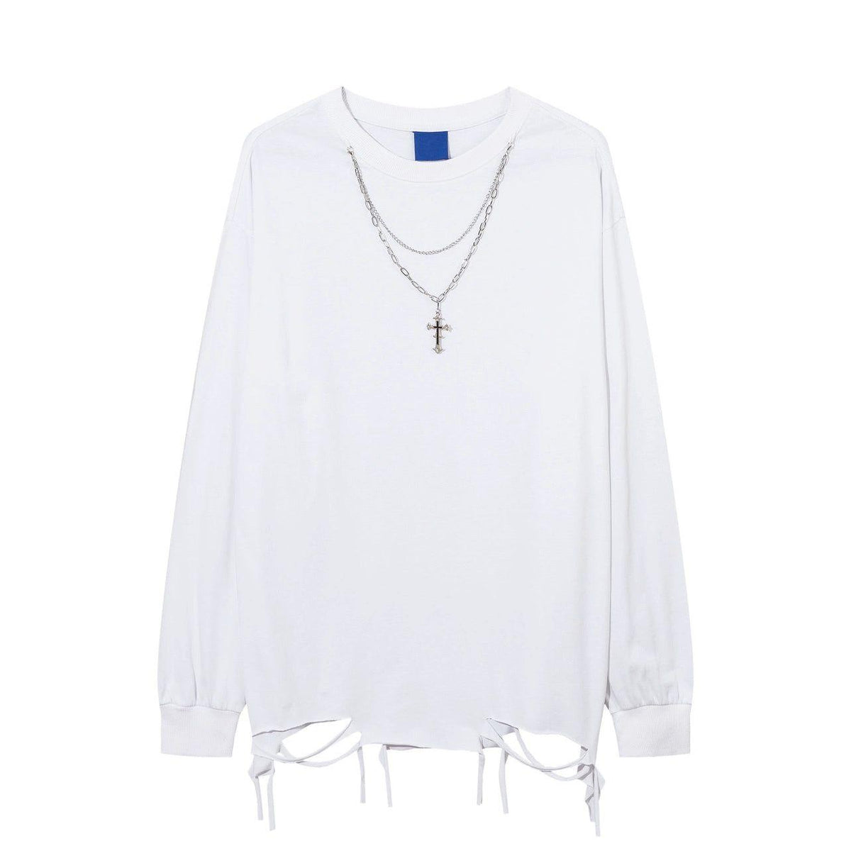 Men's Distressed Long-Sleeve Tee with Cross Necklace