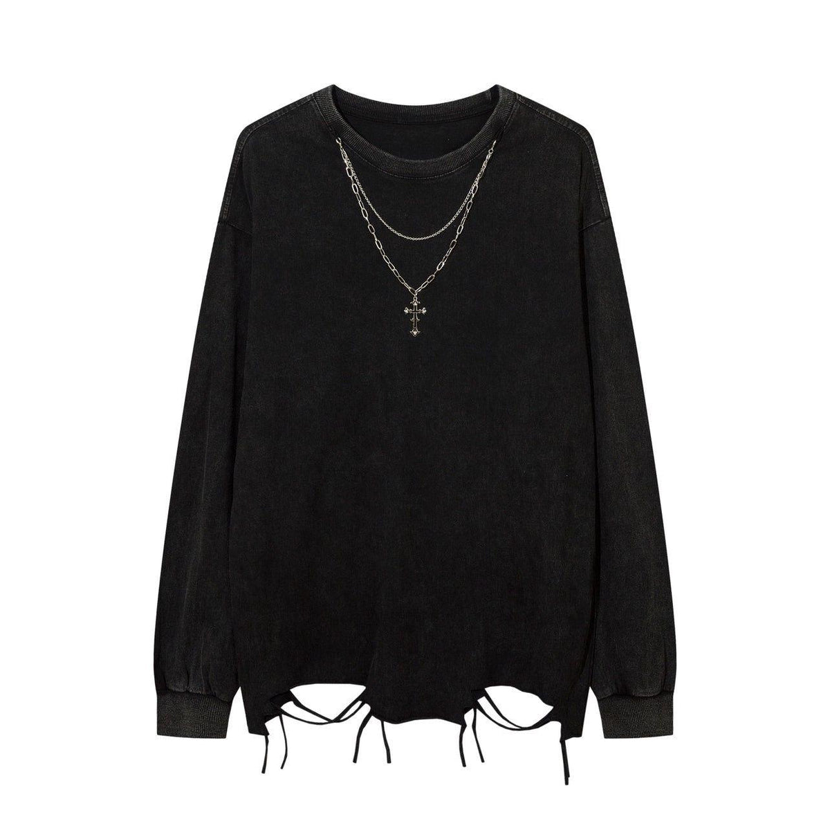 Men's Distressed Long-Sleeve Tee with Cross Necklace