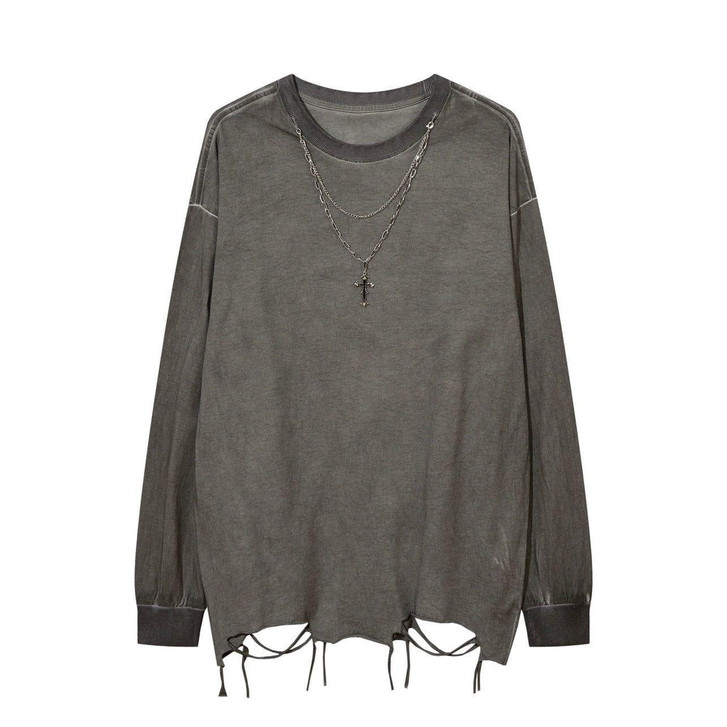Men's Distressed Long-Sleeve Tee with Cross Necklace