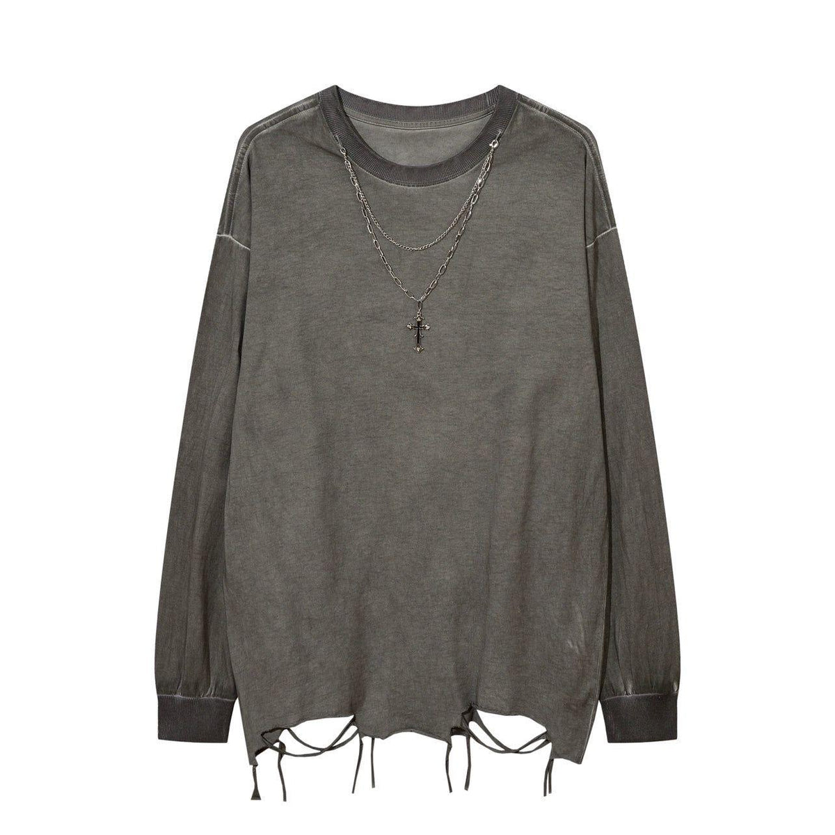 Men's Distressed Long-Sleeve Tee with Cross Necklace