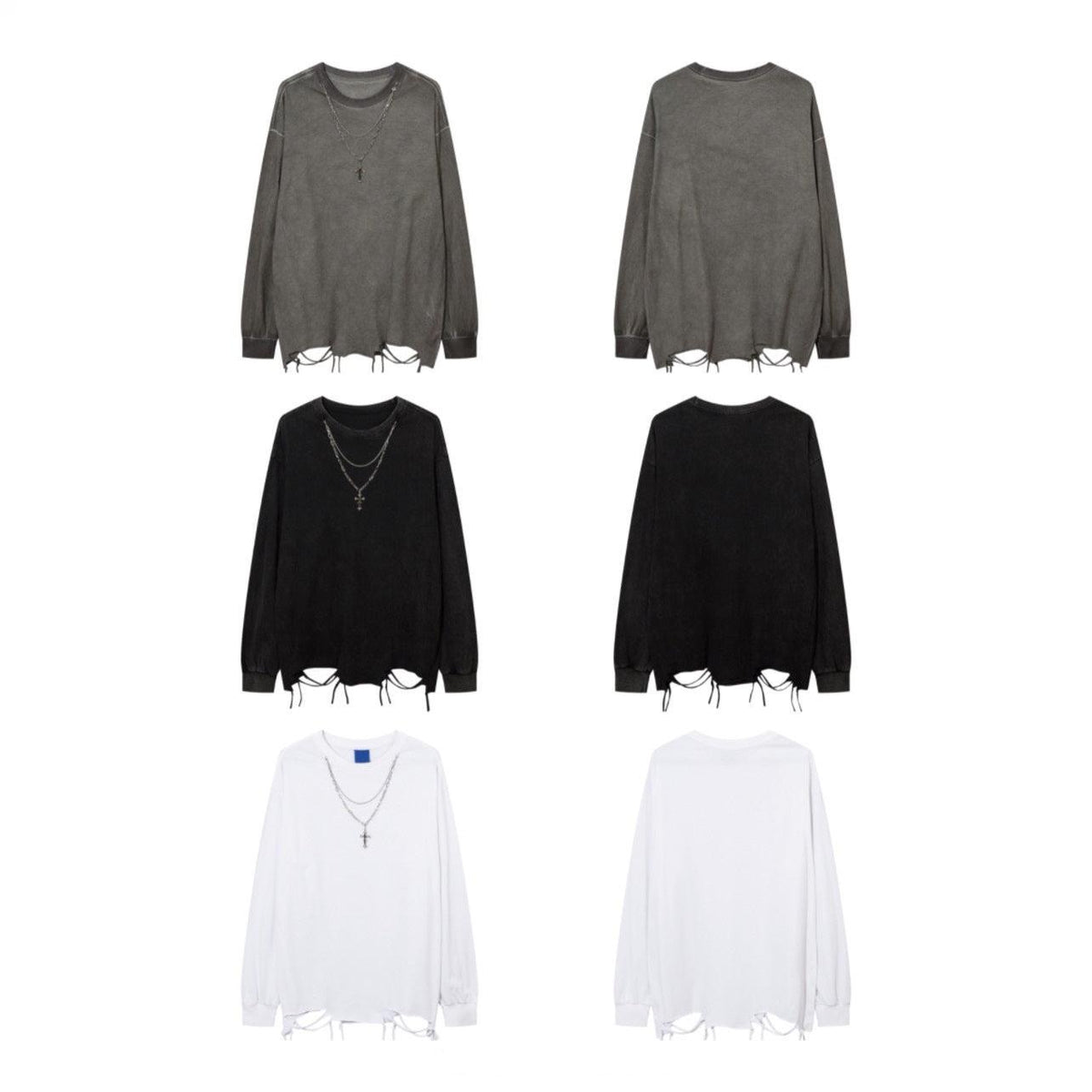 Men's Distressed Long-Sleeve Tee with Cross Necklace