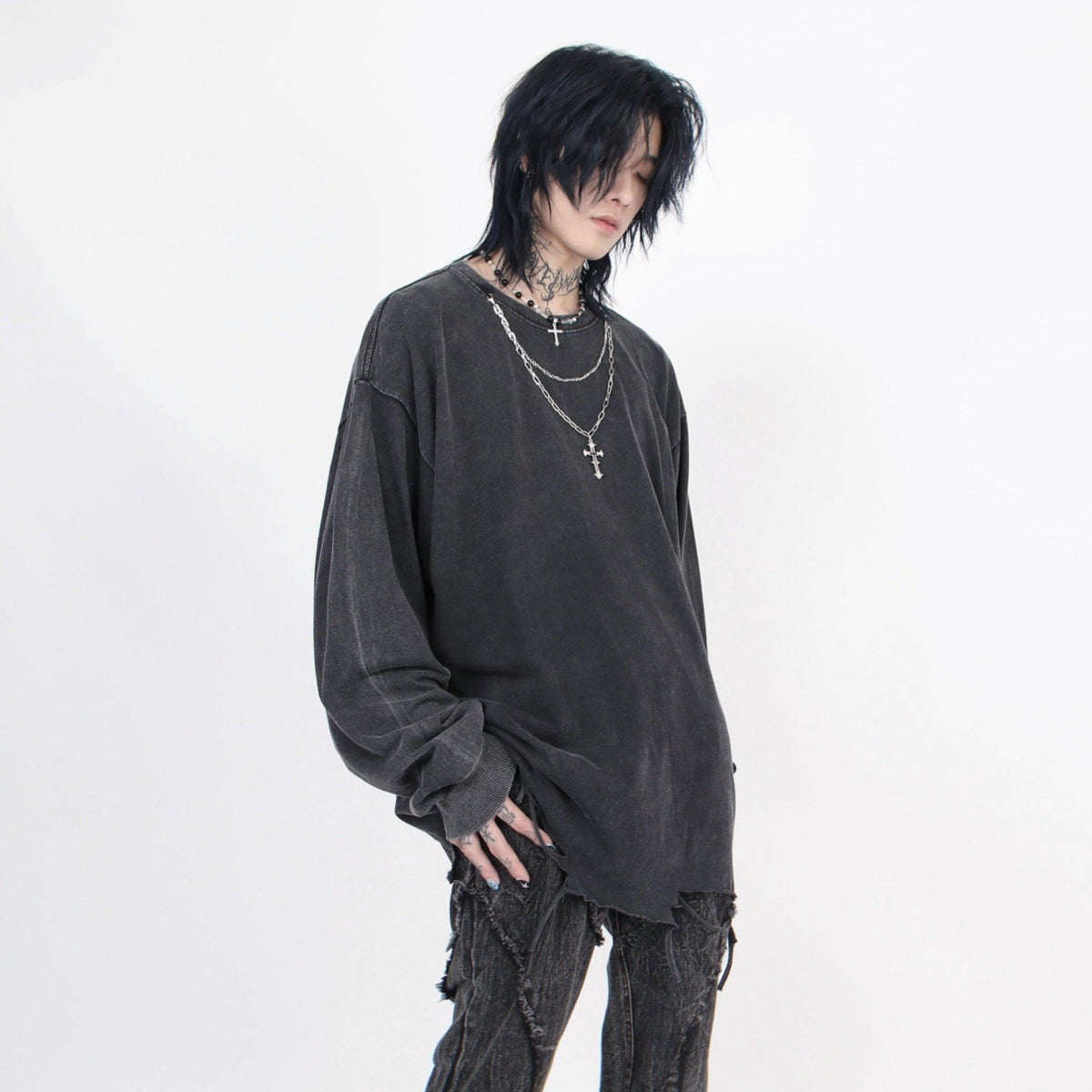 Men's Distressed Long-Sleeve Tee with Cross Necklace