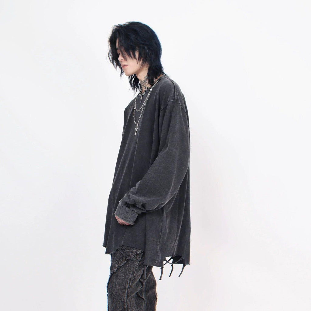 Men's Distressed Long-Sleeve Tee with Cross Necklace