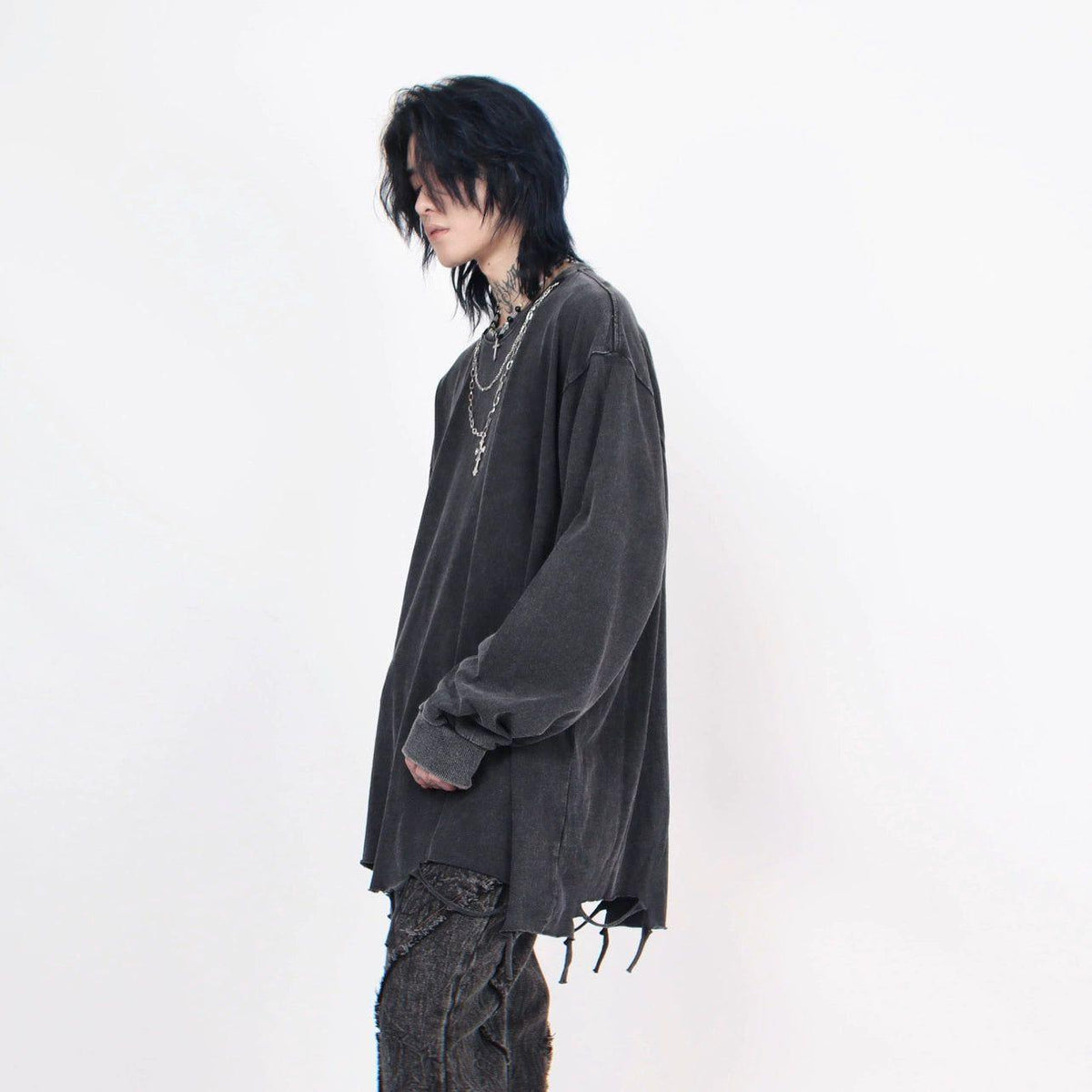 Men's Distressed Long-Sleeve Tee with Cross Necklace