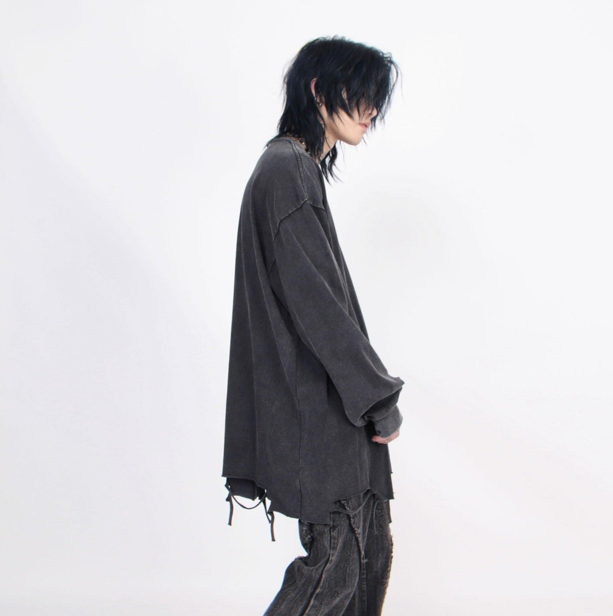 Men's Distressed Long-Sleeve Tee with Cross Necklace