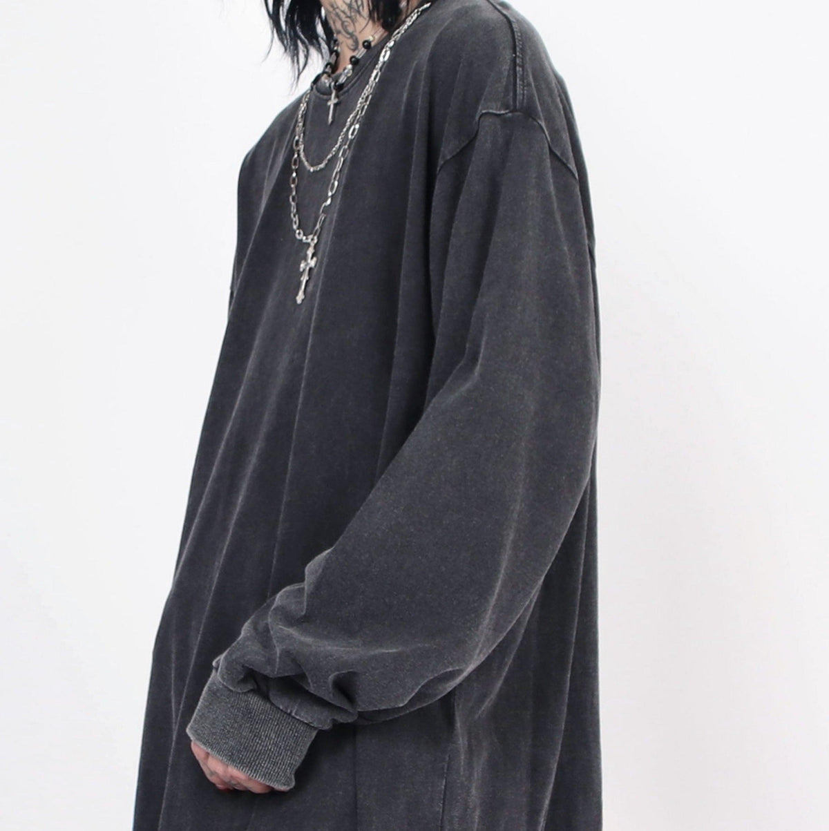 Men's Distressed Long-Sleeve Tee with Cross Necklace