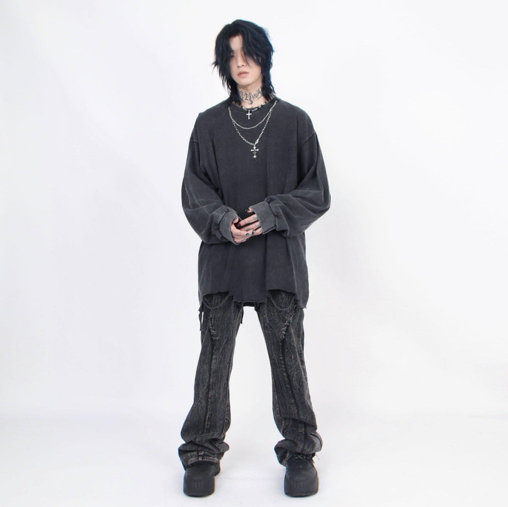 Men's Distressed Long-Sleeve Tee with Cross Necklace
