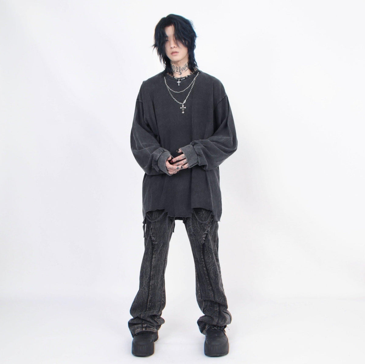 Men's Distressed Long-Sleeve Tee with Cross Necklace