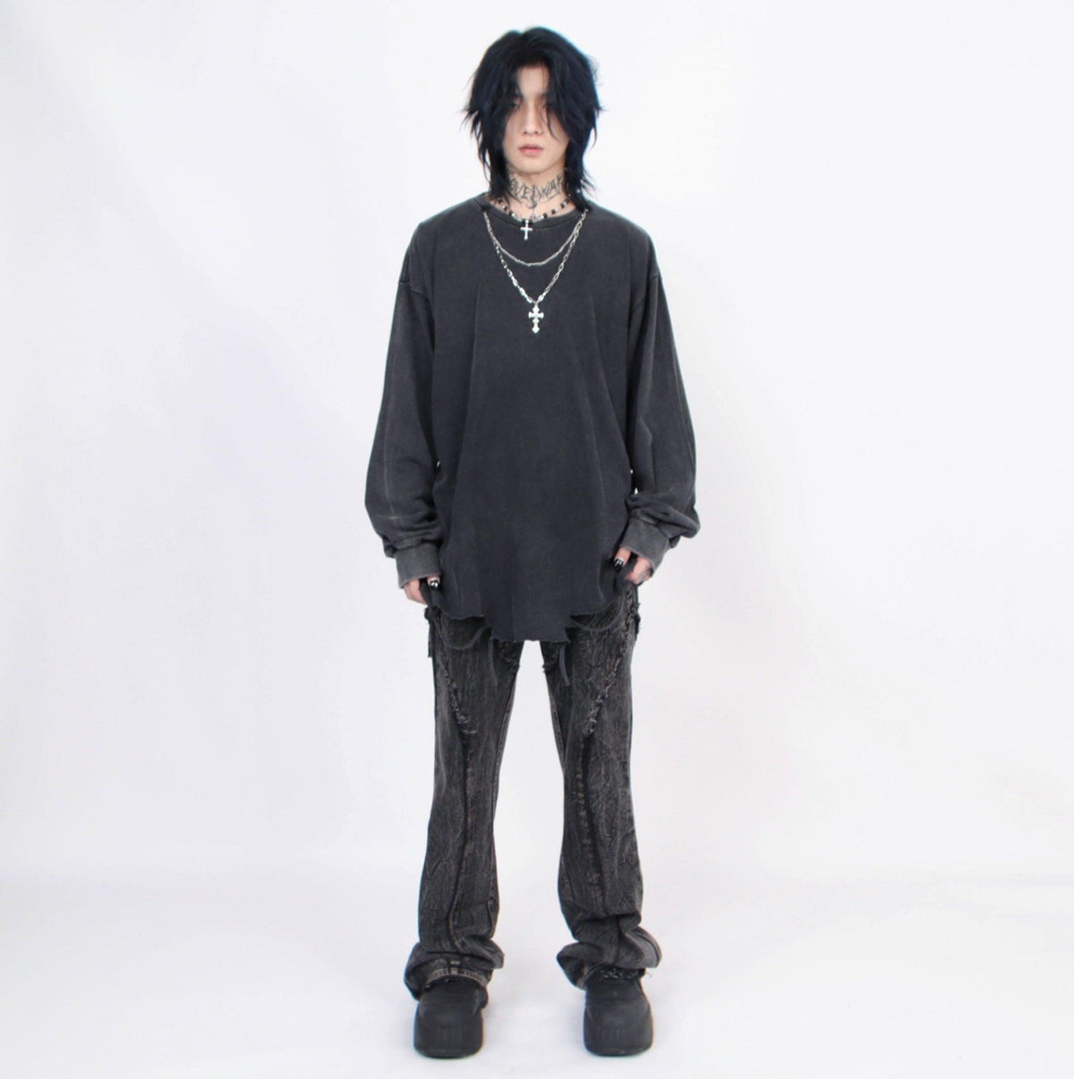 Men's Distressed Long-Sleeve Tee with Cross Necklace
