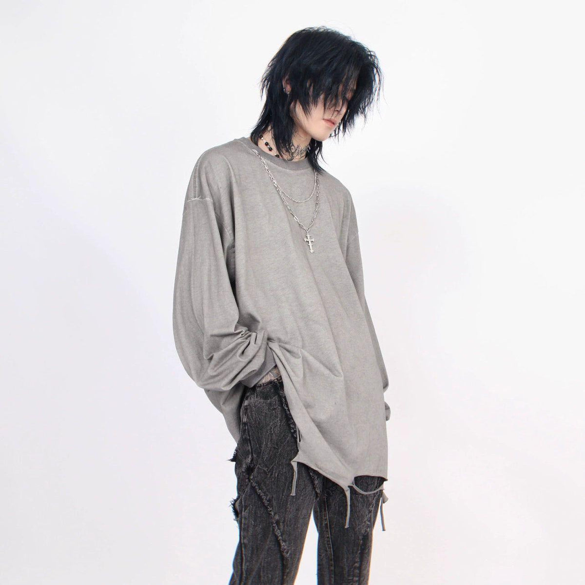 Men's Distressed Long-Sleeve Tee with Cross Necklace