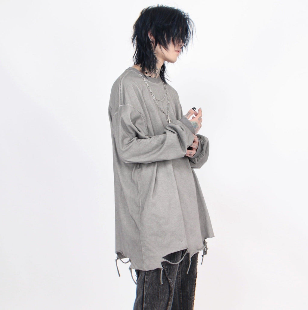 Men's Distressed Long-Sleeve Tee with Cross Necklace