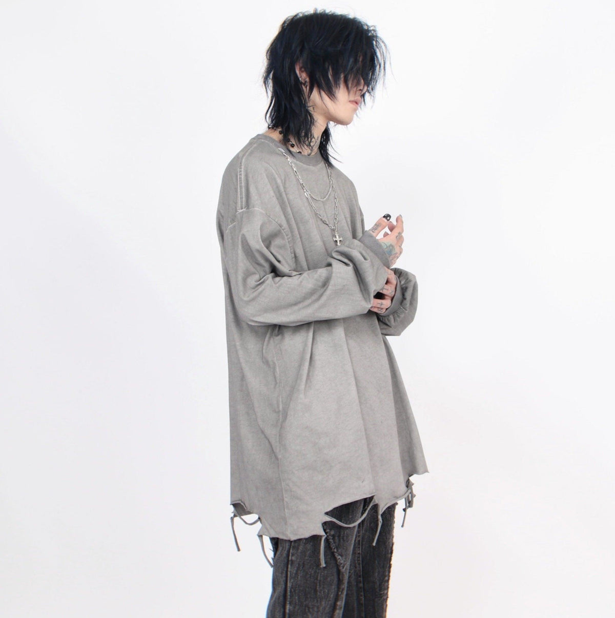 Men's Distressed Long-Sleeve Tee with Cross Necklace